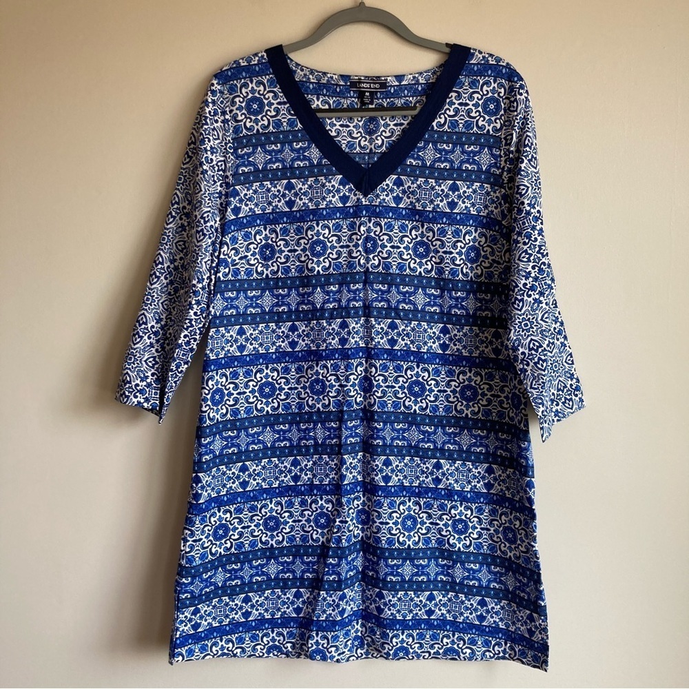 Land’s End Blue Tile Patterned Blue White Lightweight Dress M